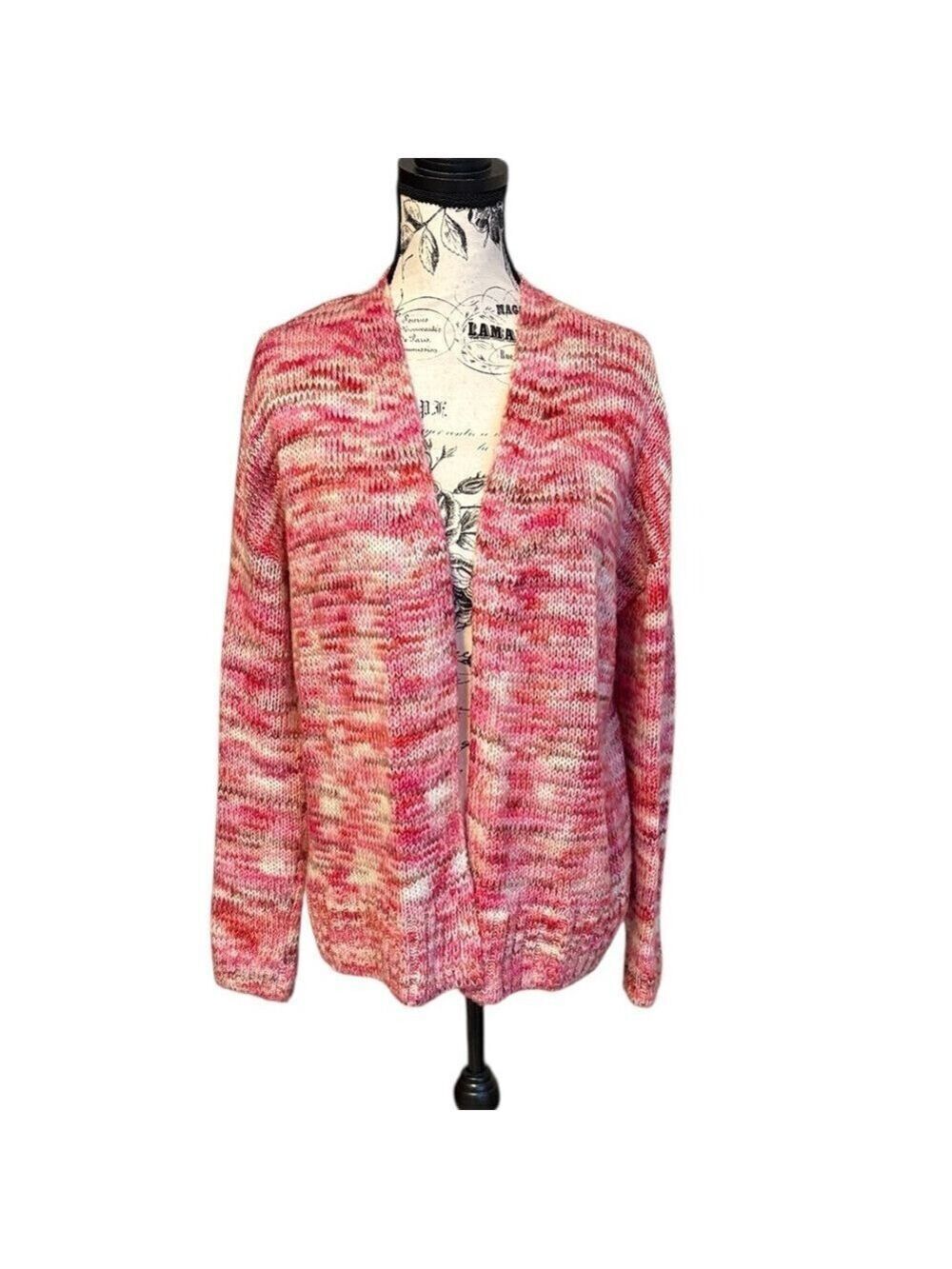 LOFT Multicolored Knit Cardigan Sweater Open Front Acrylic Pink and Cream Size M